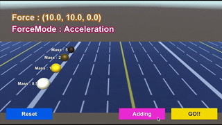 ForceMode.Accelerationで力を与え続ける