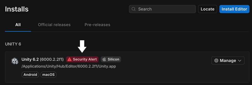 Unity Hubでもアラートが